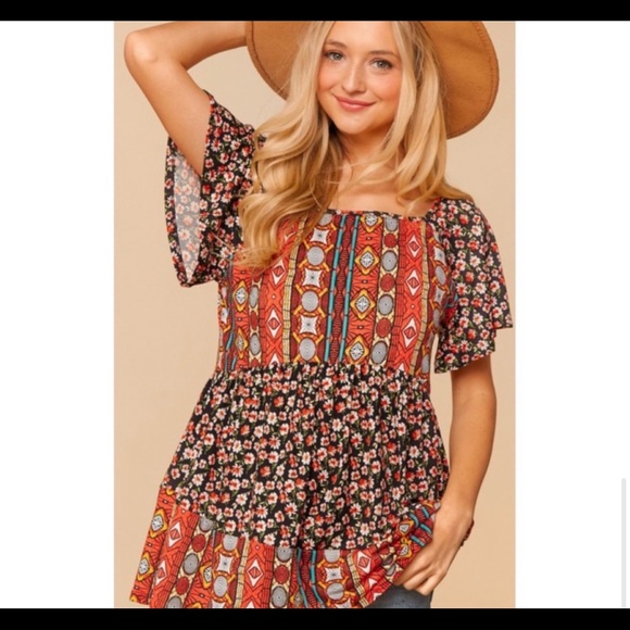 Haptics by Holly Harper Floral print bohemian ethnic print baby doll peplum top - Picture 6 of 9